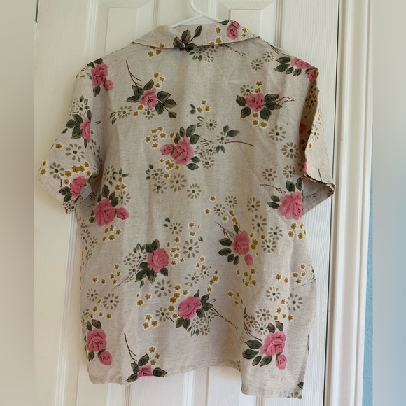 VTG Mileage Linen Blend Pretty Pink Floral Blouse on Cream Background Size Large - Picture 4 of 4